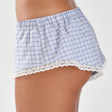 Blue checkered boxer briefs with lace trim on a neutral background