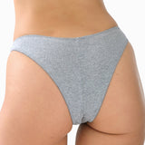 Gray underwear worn by a person on a white background