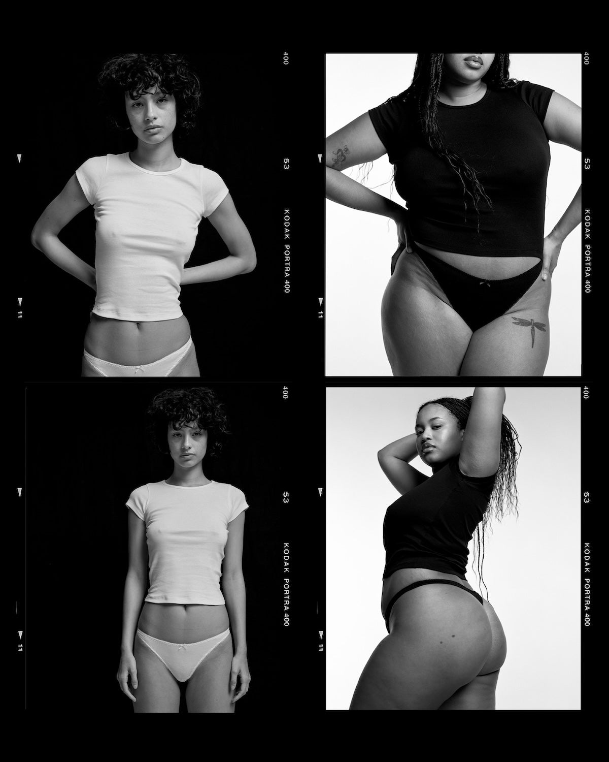 Black and white grid of a woman wearing different outfits.
