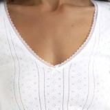 Close-up of a white lace-trimmed top on a blurred background